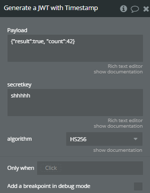 Workflow action → Generate a JWT with Timestamp.
