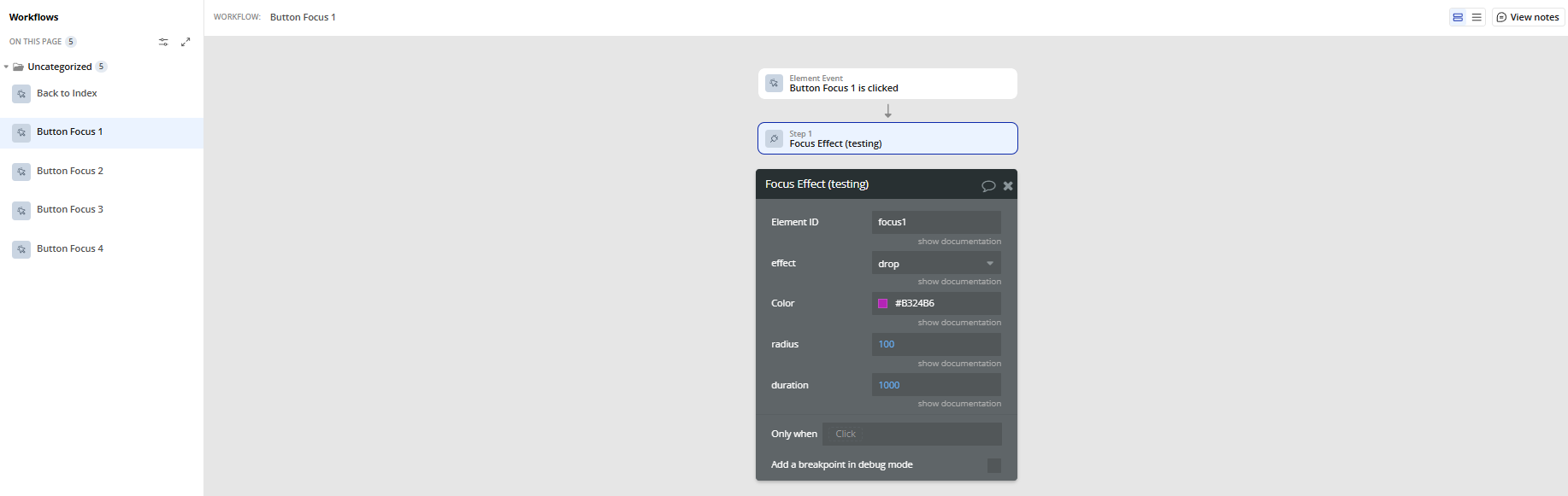 Workflow action → Focus Effect.