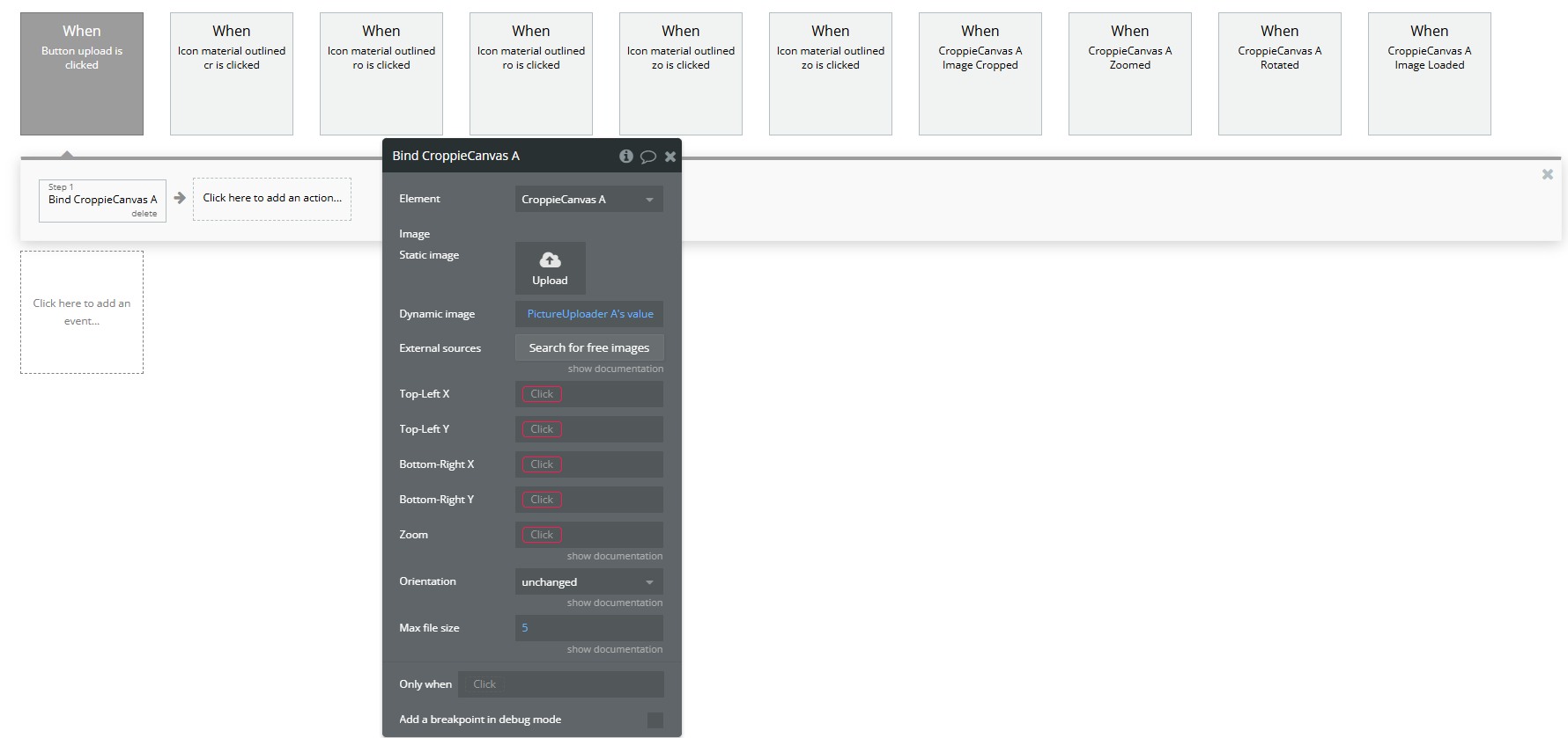 Workflow action → Bind A Croppie Canvas.