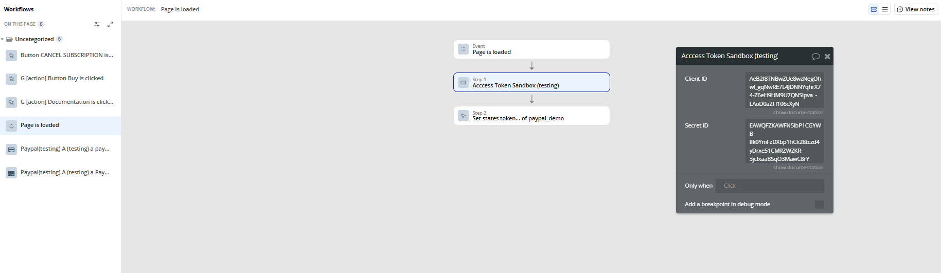 Workflow → Acccess Token Sandbox.