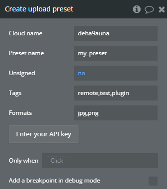 Plugin action → Create upload preset.