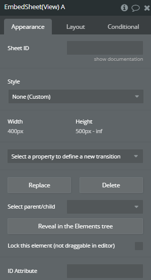 Element properties → Embed Sheet (View).