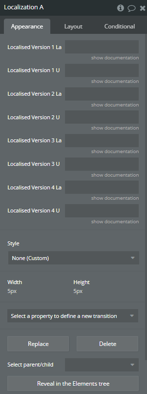 Element properties → Localization.