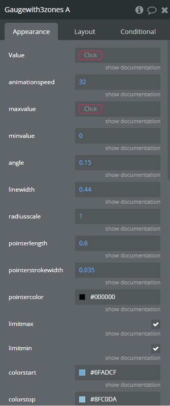 Element properties → Gauge with 3 zones.