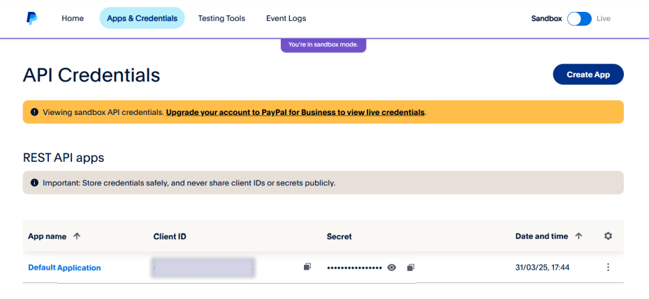 Paypal Developer Dashboard → Apps & Credentials.