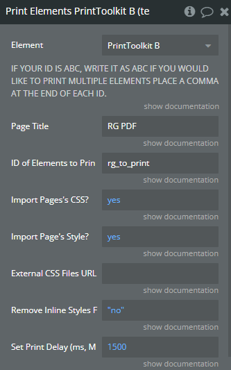 Workflow action → Print Elements.
