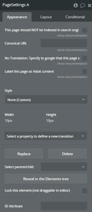 Element properties → Page Settings.