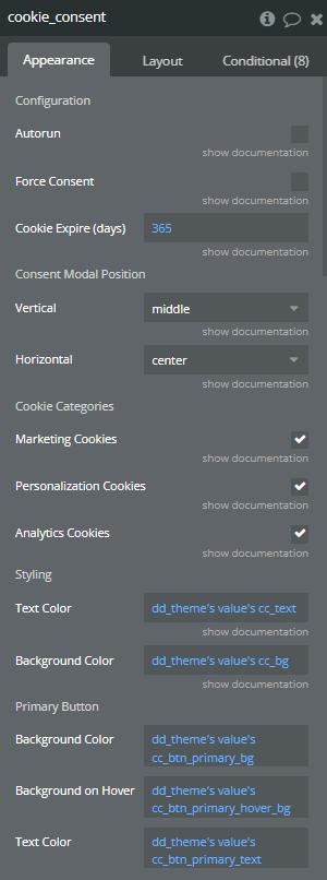 Element properties → Cookie Consent.