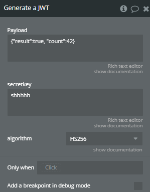 Workflow action → Generate a JWT.