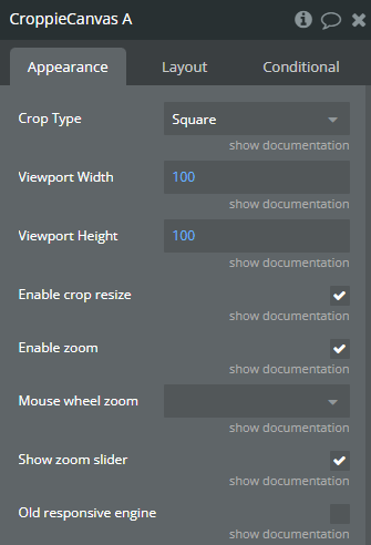 Element properties → Croppie Canvas.