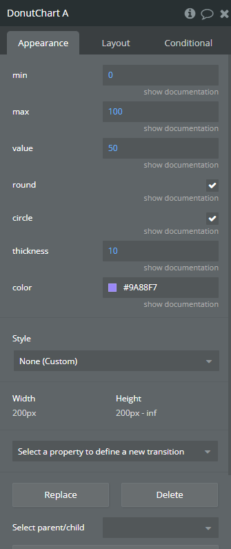 Element properties → Donut Chart.