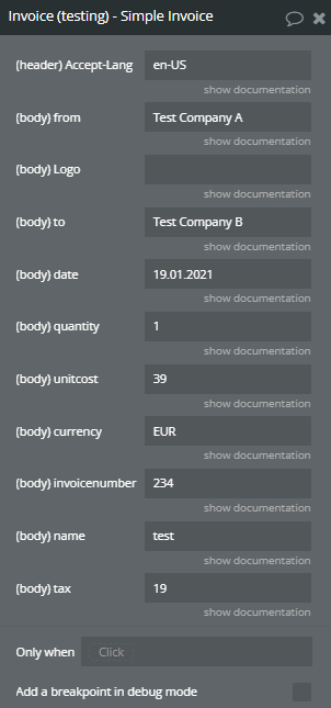 Action call → Simple Invoice with tax.