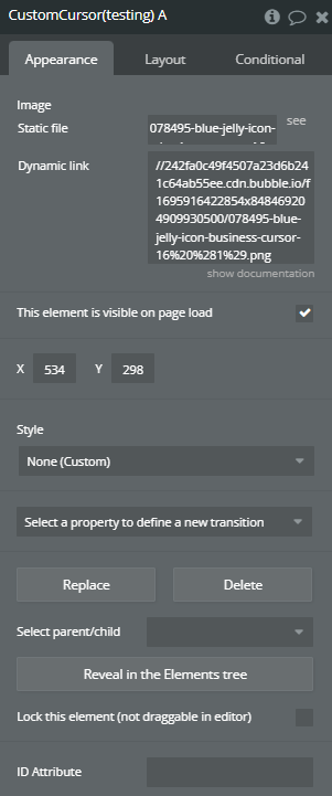 Element properties → Custom Cursor.