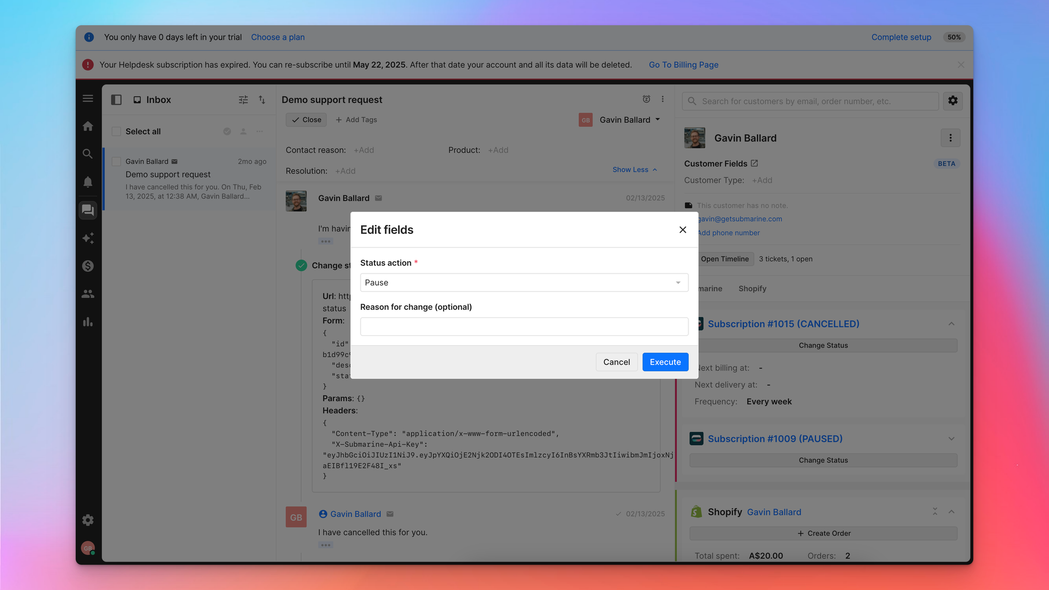 Pause or Cancel an Active subscription directly from Gorgias