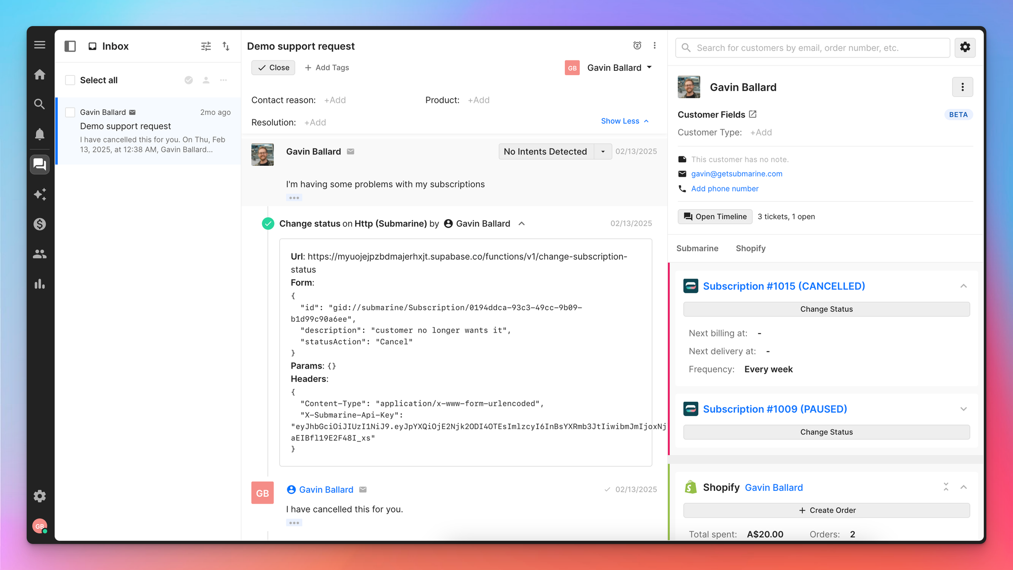 View a customers Subscriptions inside of Gorgias. 