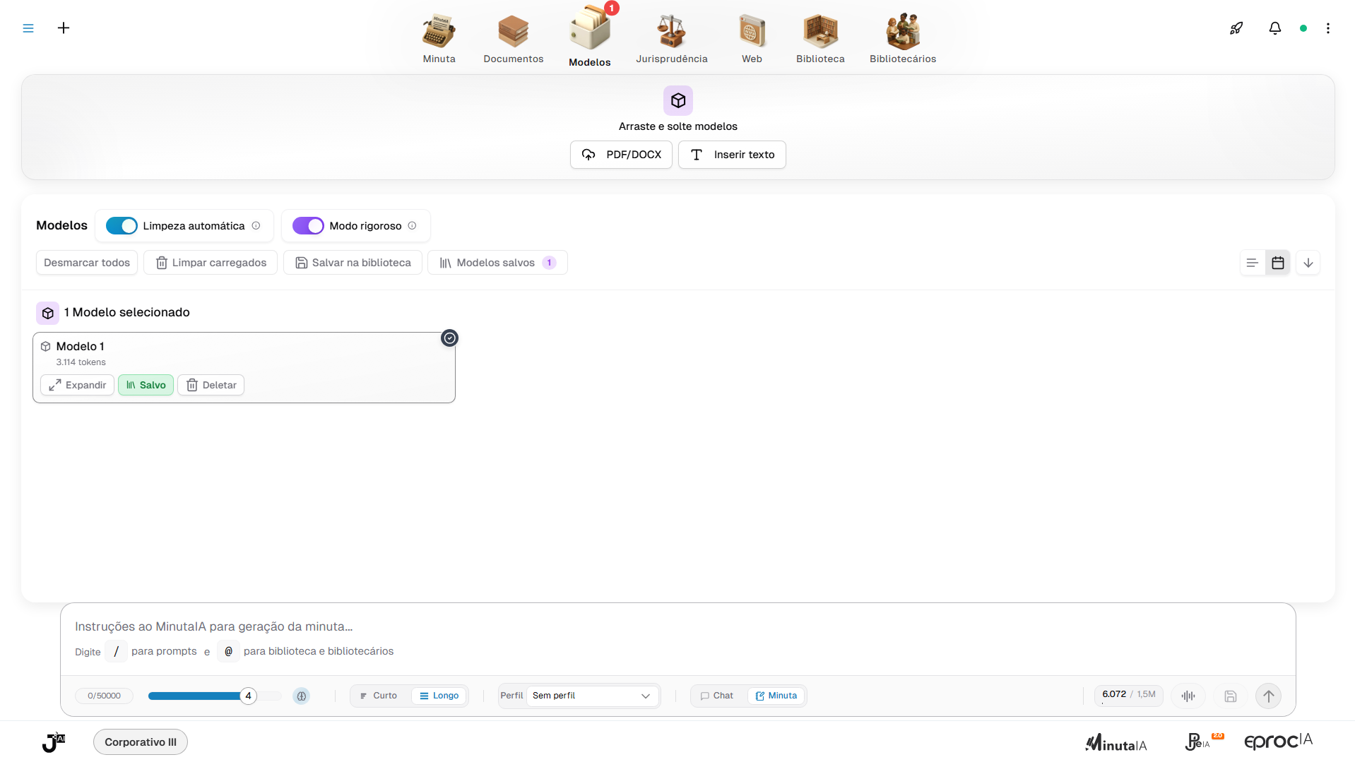 Exibição da página quando há modelos carregados.