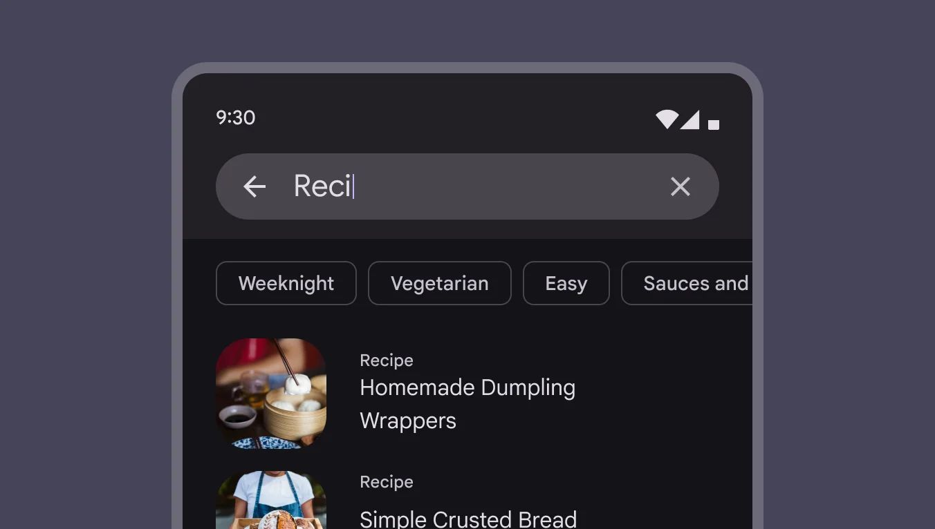 Filter chips can be shown underneath a search field
