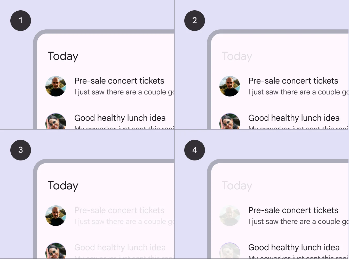 1. Sample list
2. Content placement in a row
3. Supporting visuals are aligned for easy scanning
4. Primary text is aligned for easy scanning