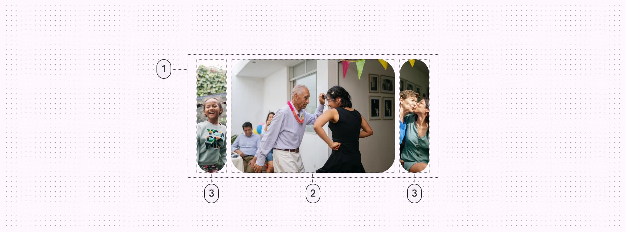 1. Container
2. Large carousel item
3. Small container item