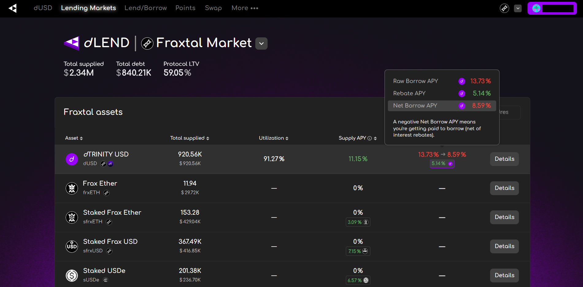 A screenshot of the dLEND user interface on Fraxtal L2 (app.dtrinity.org)