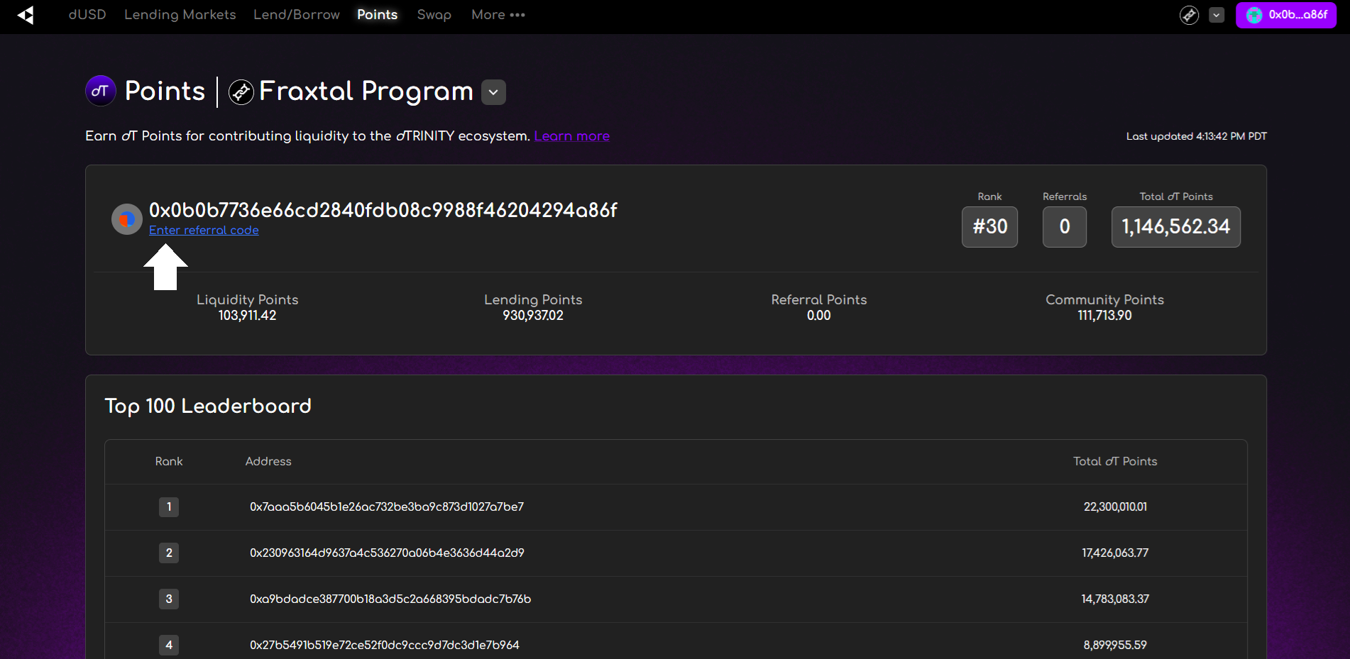 A screenshot of the dT Points dashboard with the referral code field highlighted  (app.dtrinity.org/dlend/points)