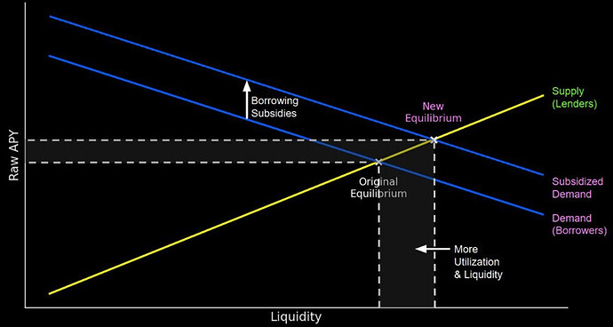 A theoretical supply-demand chart for lending and borrowing, with the effect of borrowing subsidies illustrated.