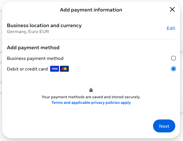 Select an existing payment method here or add a new one.