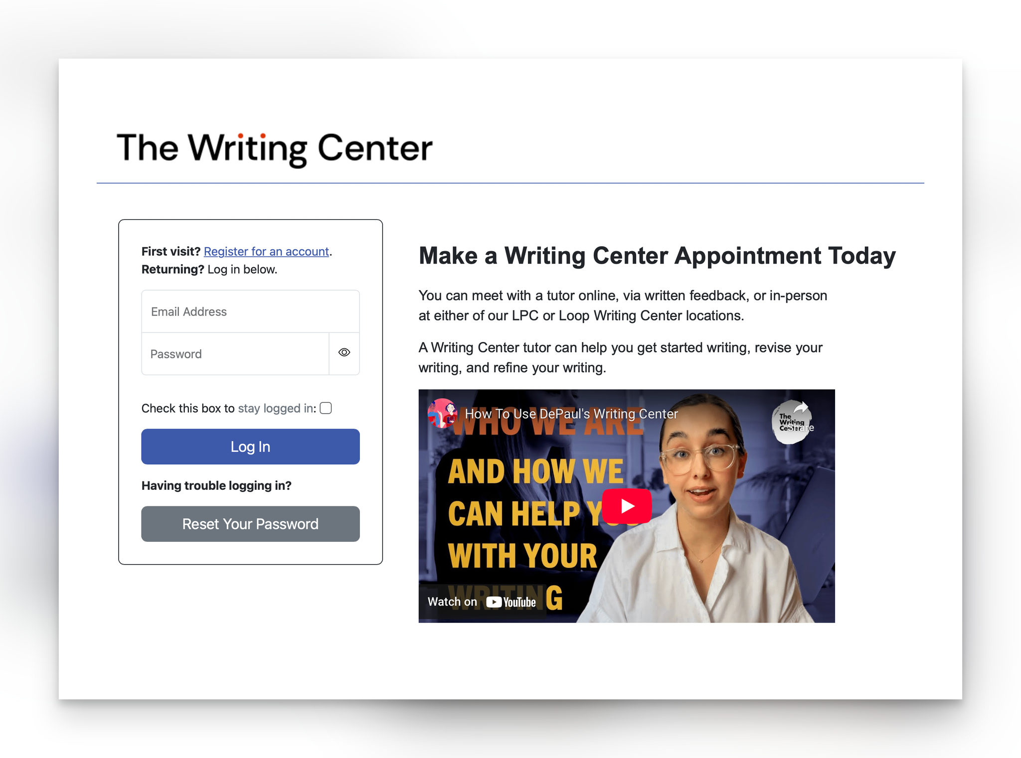 Login page of our scheduling software, WCOnline
