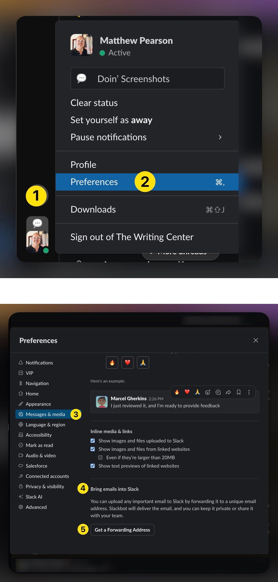 Screenshot of Steps 1-5 of receive WCOnline notifications in Slack instructions