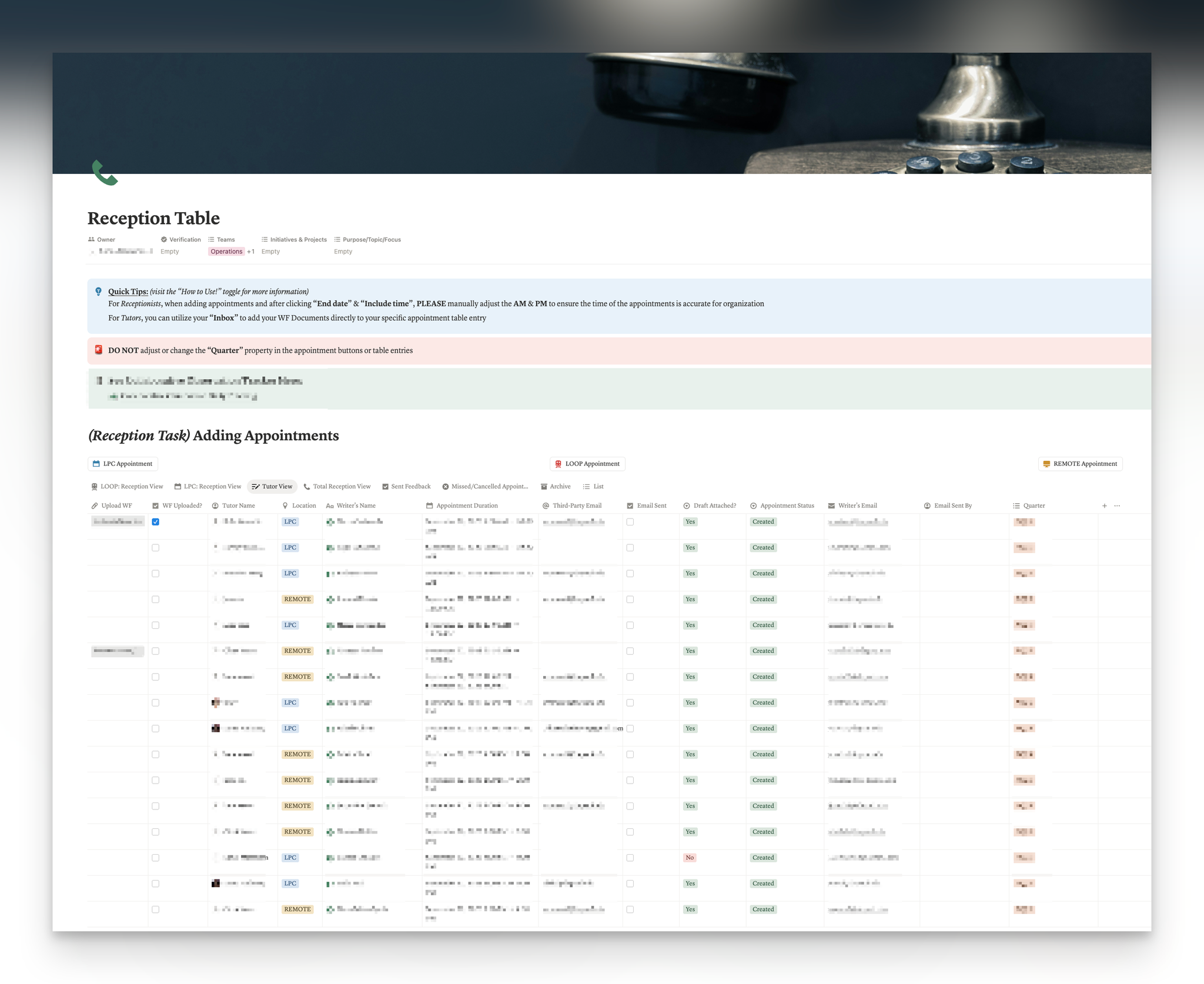 Example Notion page—Reception Table, “Tutor View,” for documenting and sharing Written Feedback appointment work.