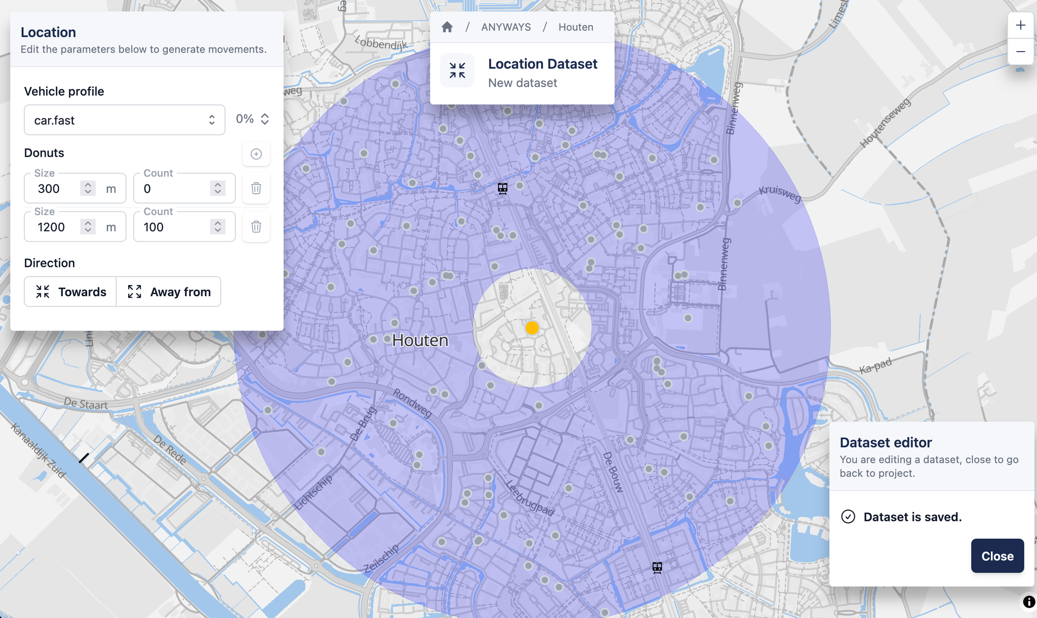 A random locations dataset after a location was selected by clicking on the map.