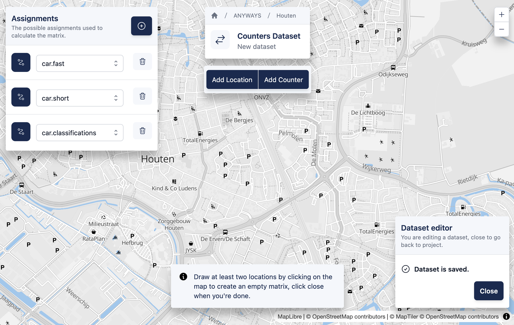 An empty counters dataset with preselected car profiles as potential assignments. 