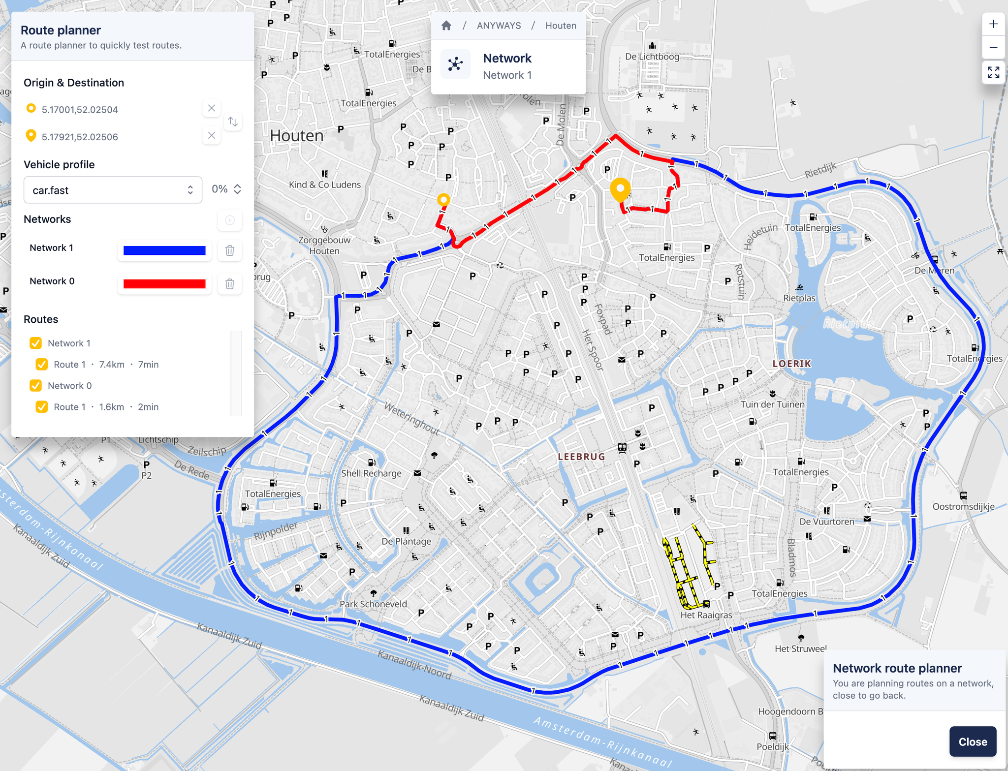 The route planner with two different routes being compared between Network 0 and Network 1.
