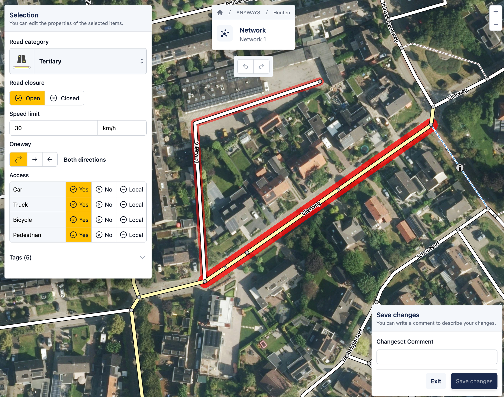 The road network editor with a road segment selected. Properties of the segment can be changed on the left.