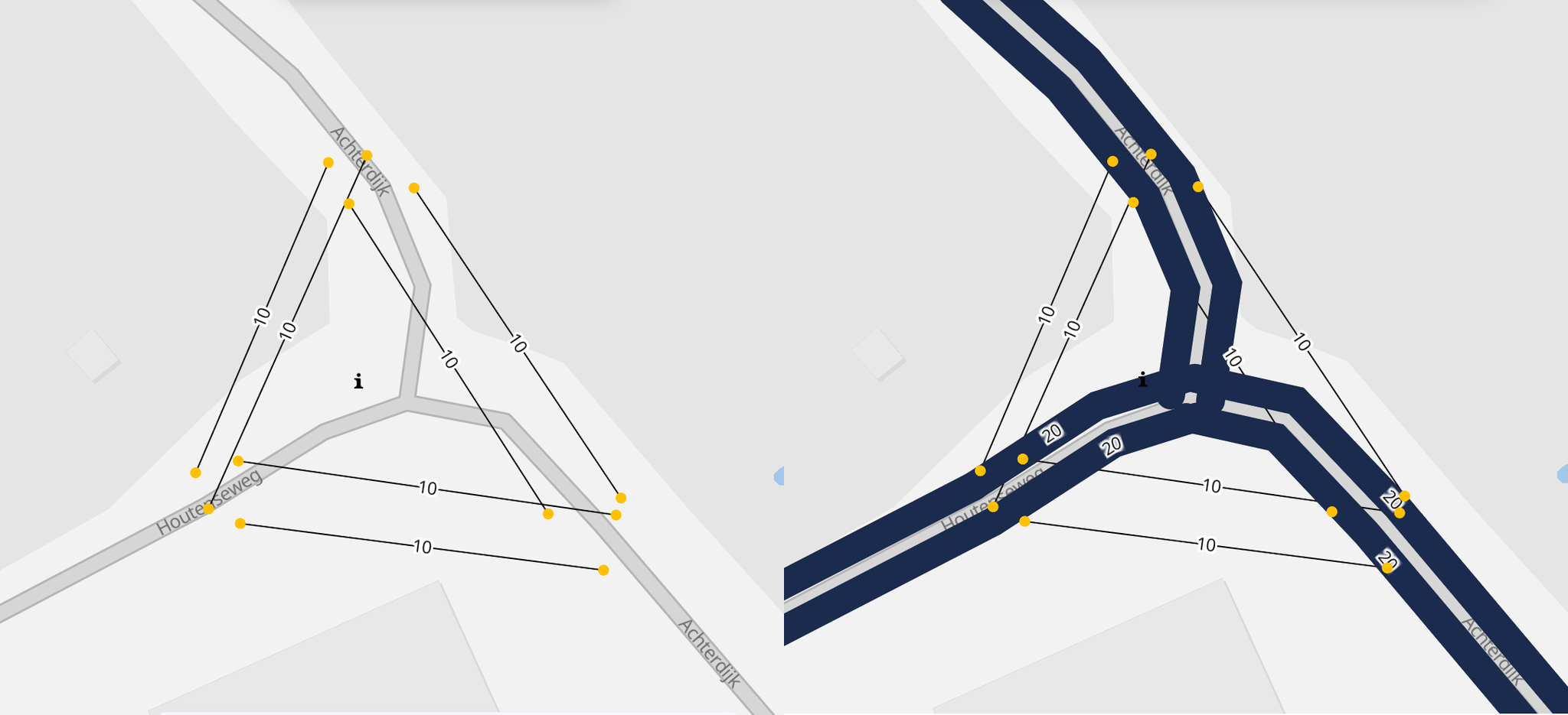 An intersection with traffic counters for every possible turn set to 10. On the feft is the empty network without demand, right is with the demand fitted.