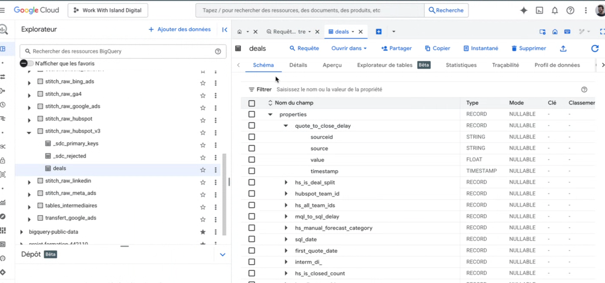 Illustration : structure de la table Hubspot dans BigQuery