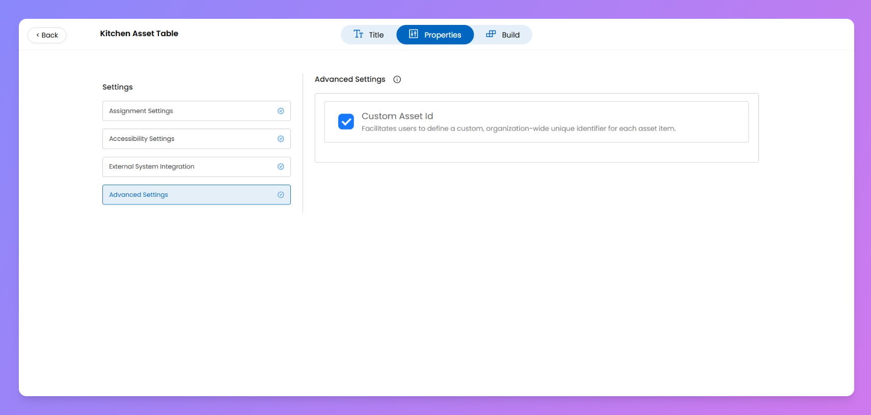 Configure & Create Assets Table