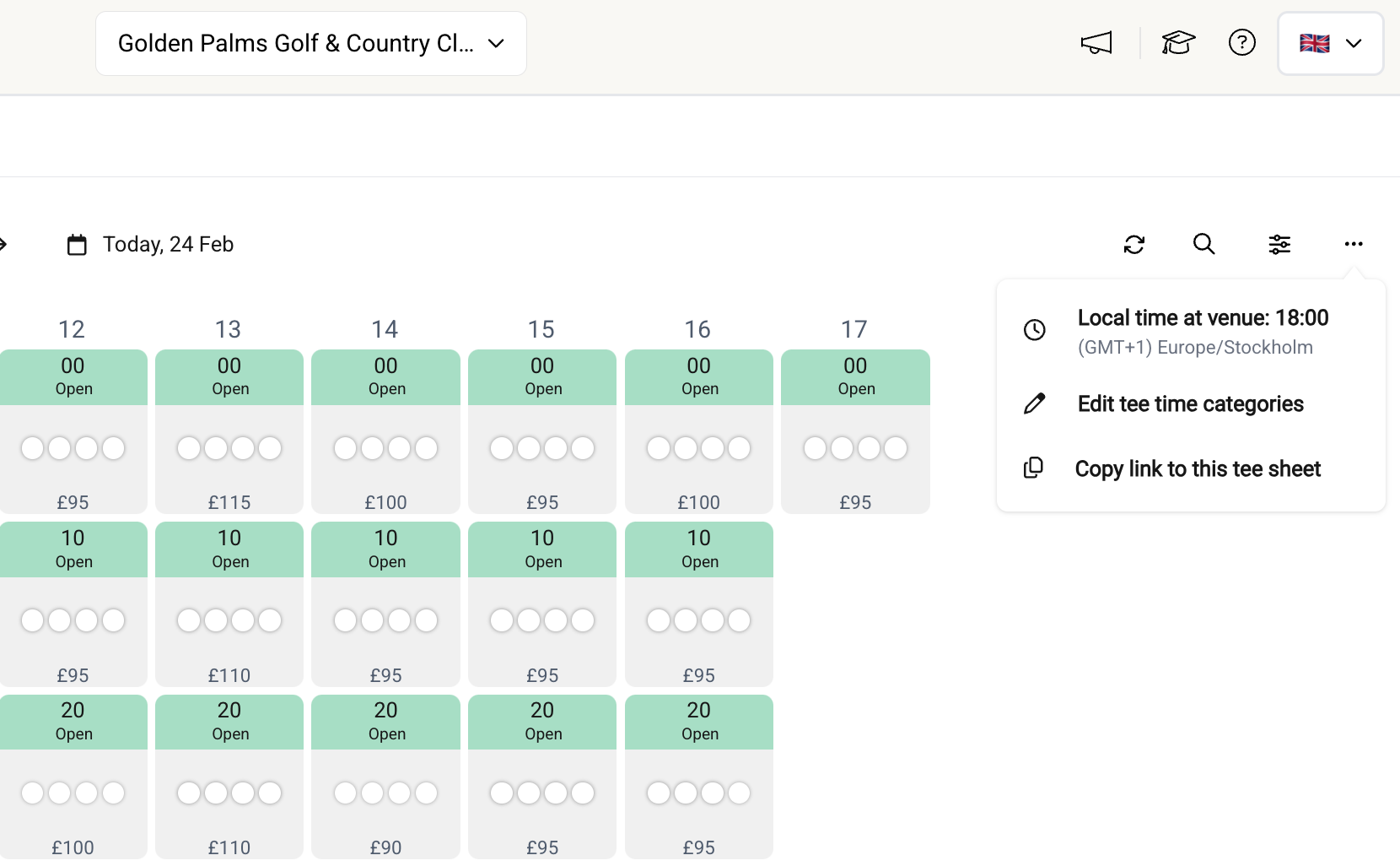 Time, Edit and copy link to tee sheet buttons