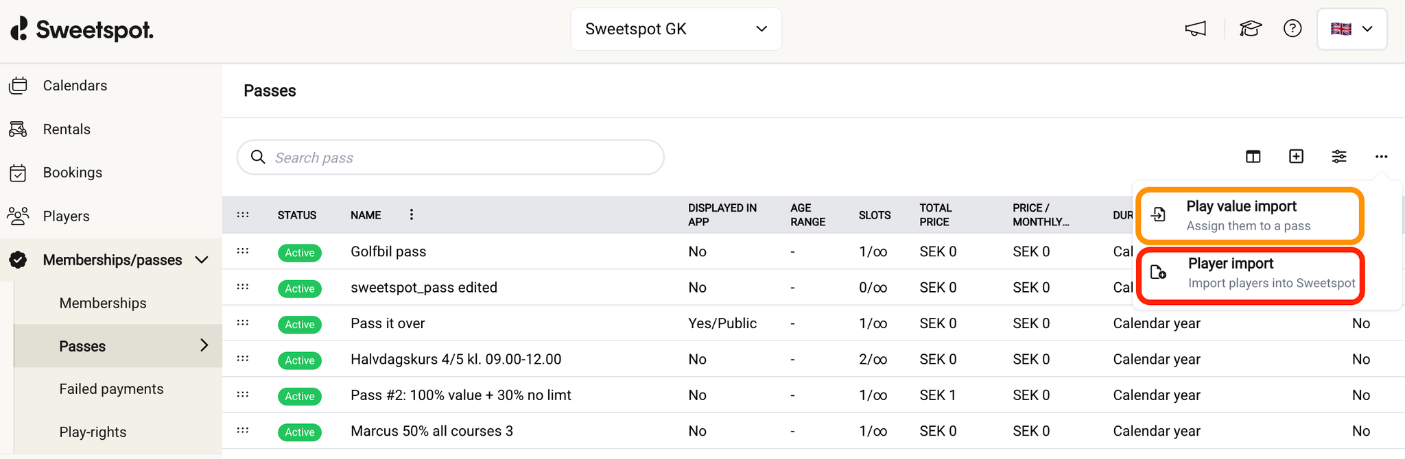 IMPORTING OF PLAY VALUE CAN BE FOUND IN TOP RIGHT CORNER OF PASSES TABLE