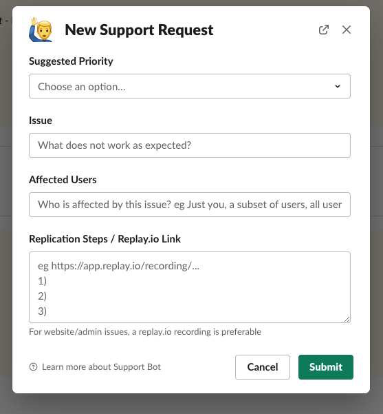 Midnite’s custom support bot encourages replay URLs that go into the slack message, then onto the story/card that is created for the developer.