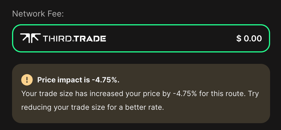 Price impact alert in the Swap component.