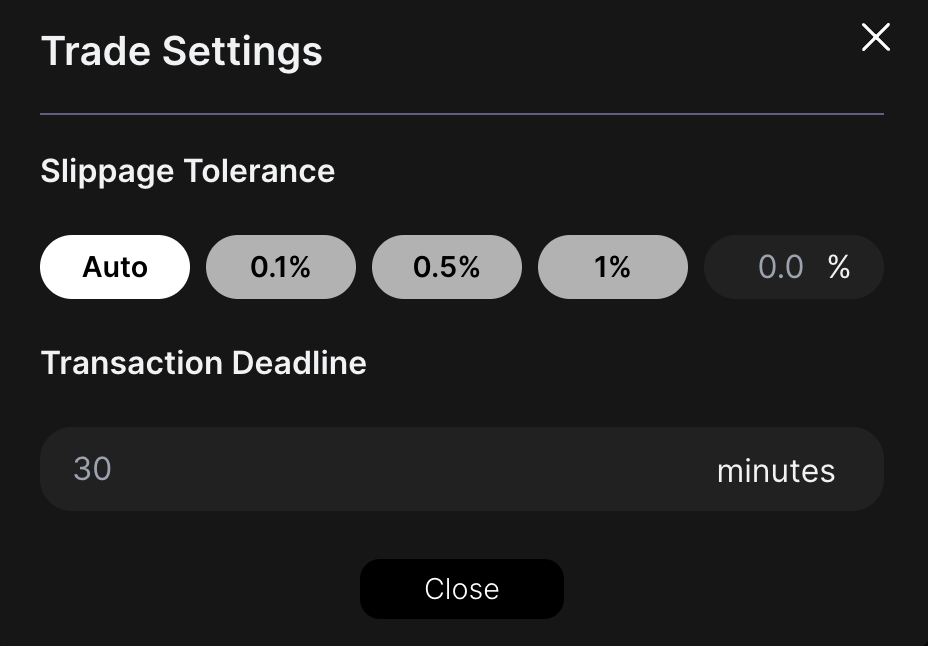 Trade settings modal.