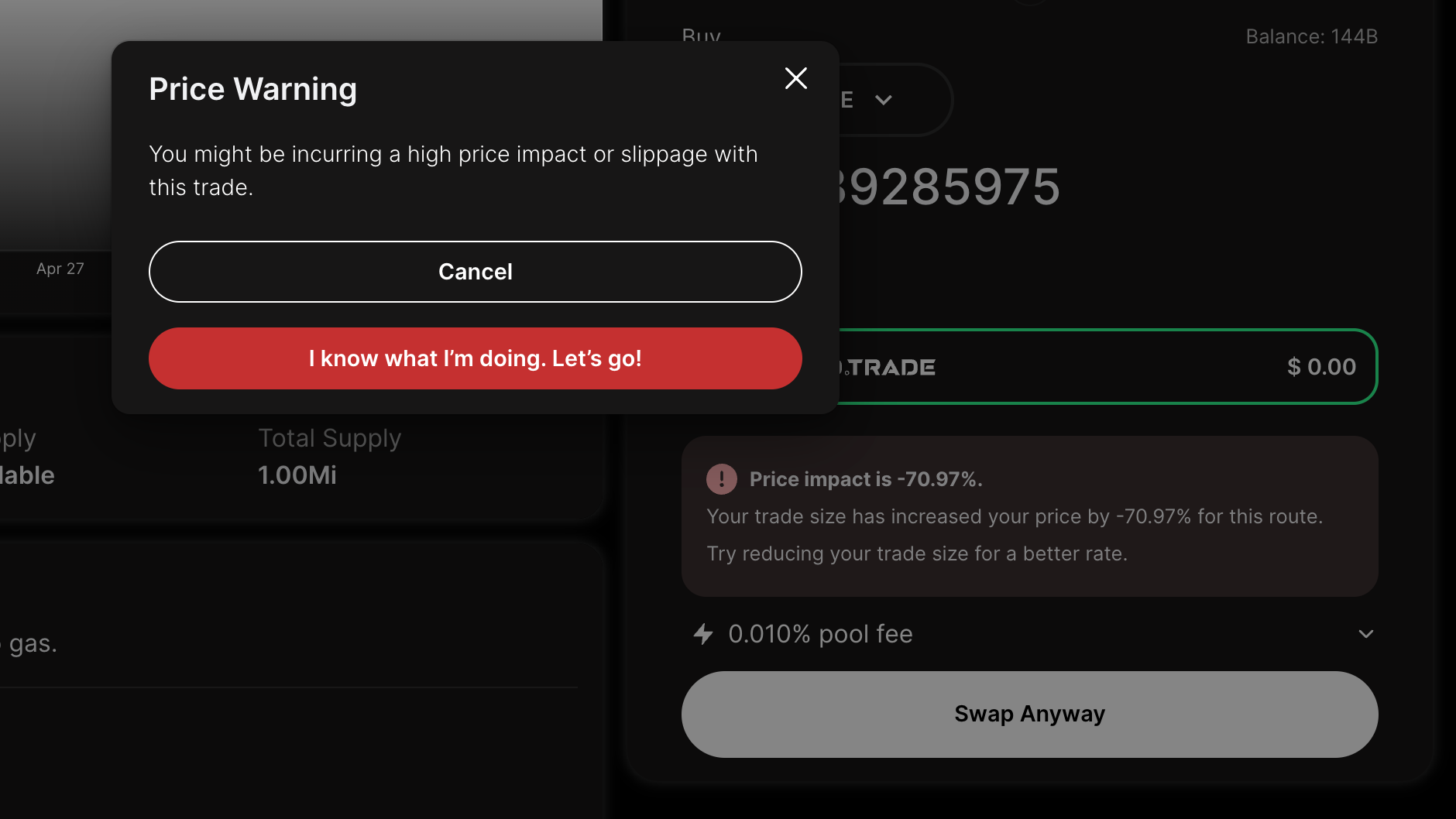 Price Warning modal alert.