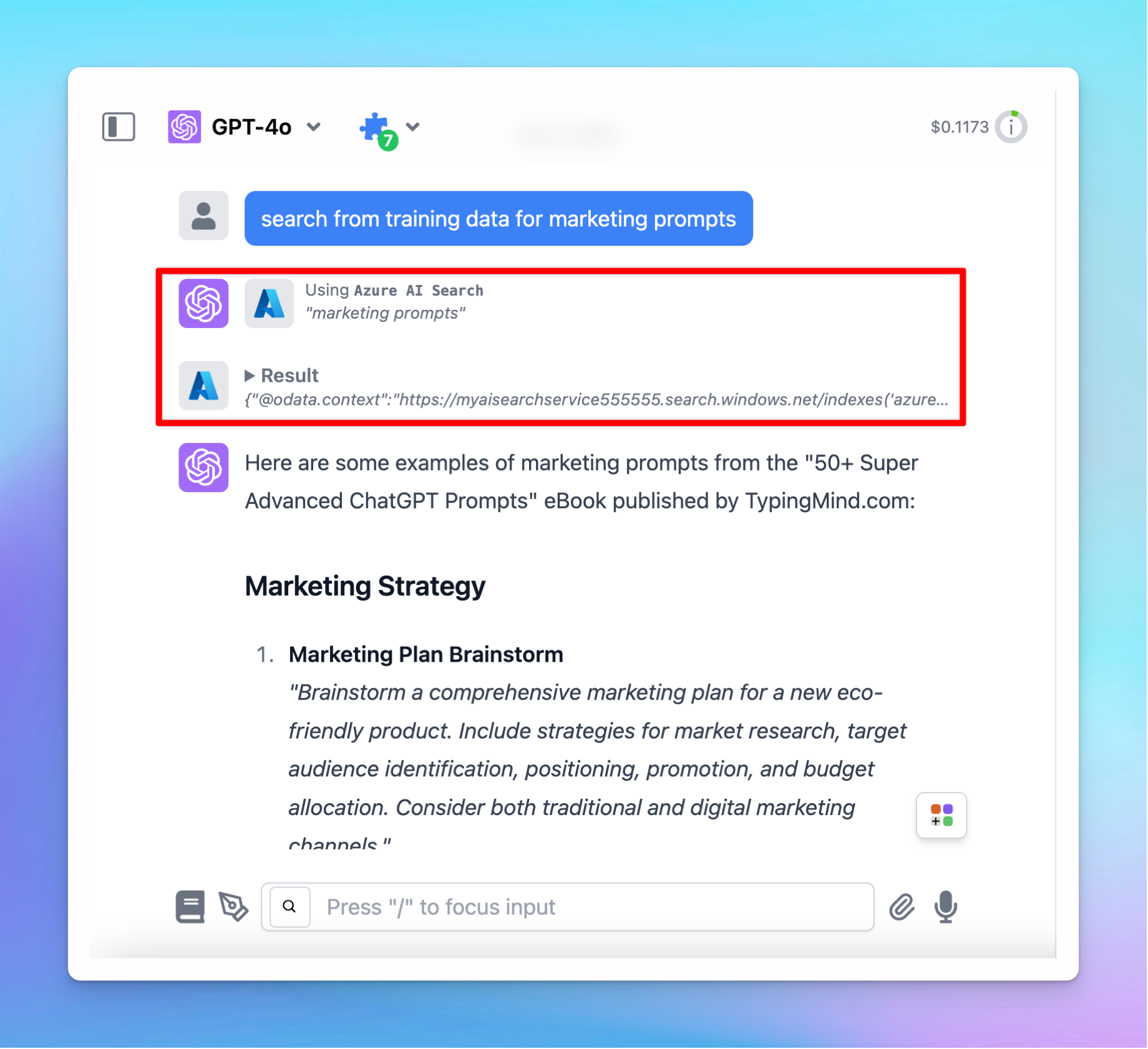 Azure AI Search plugin retrieves data to answer your queries on TypingMind