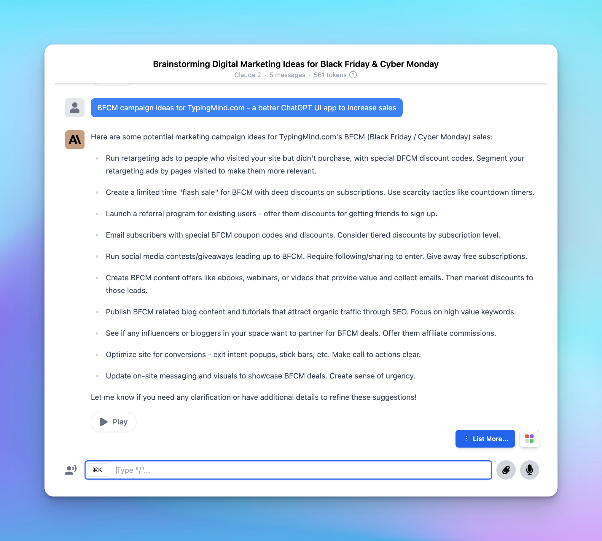 Claude 2 for Marketing Brainstorm