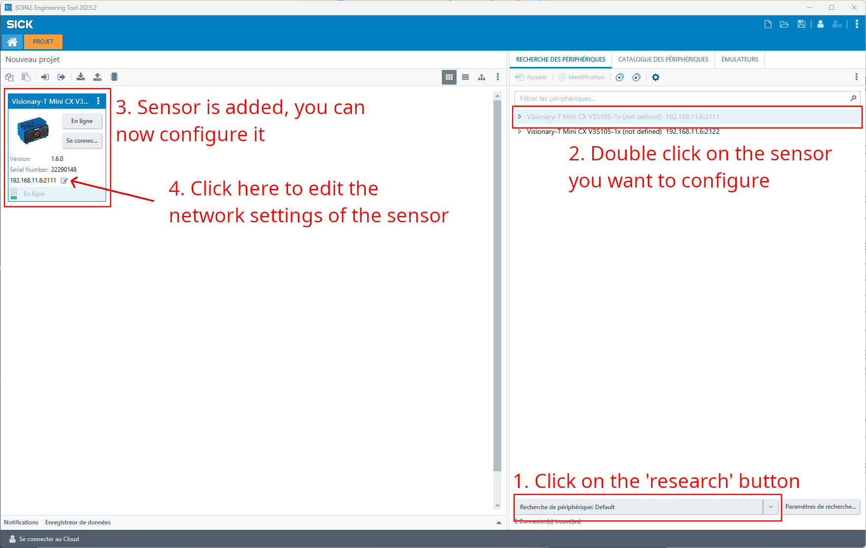 Sopas software interface - Visionary T-mini example
