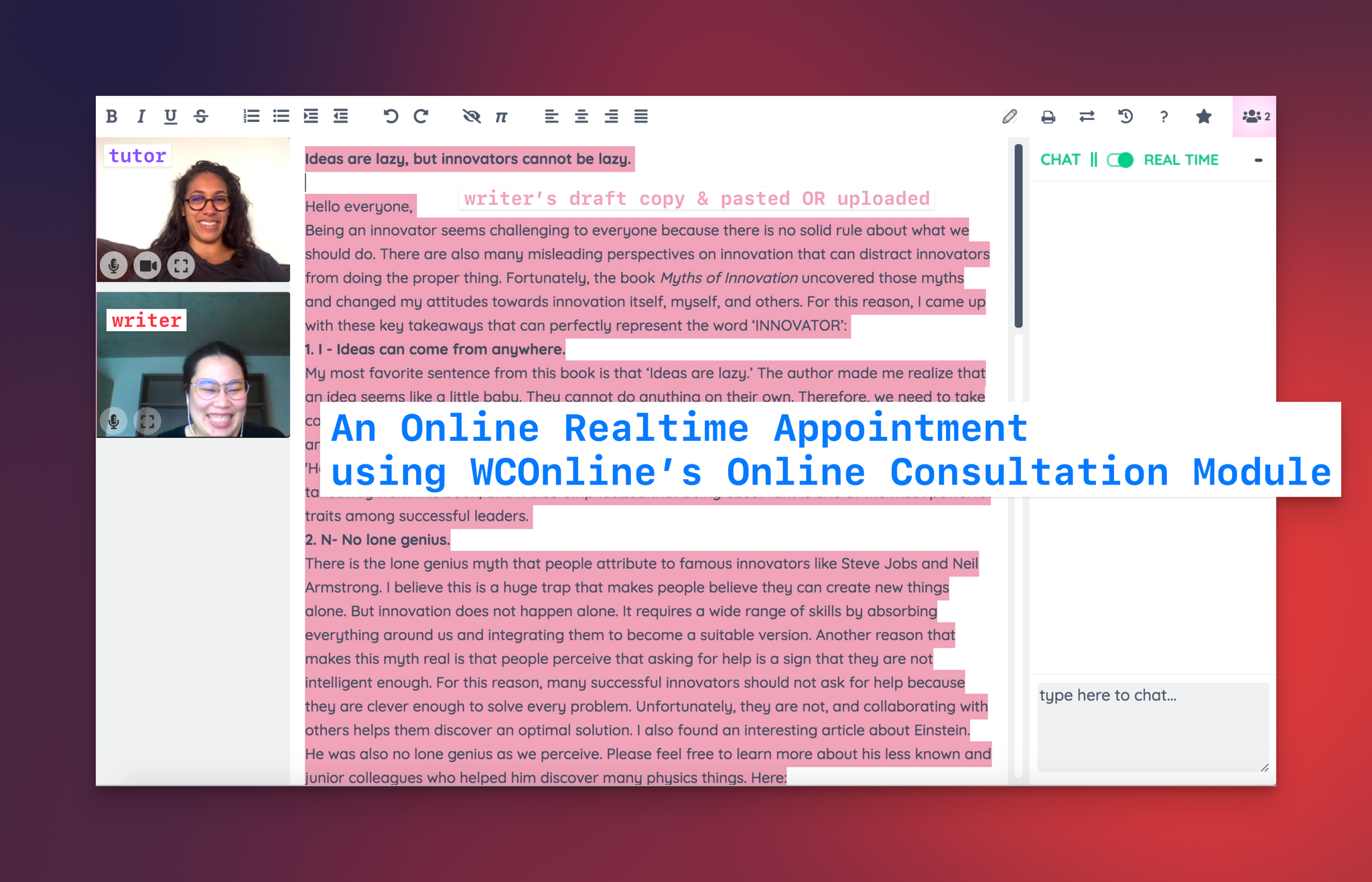 Screenshot of typical Online Realtime Appointment using WCOnline’s Online Consultation Module, including annotations for a.) tutor, b.) writer, & c.) writer’s draft in collaborative whiteboard.`