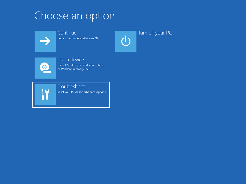 Selecting Troubleshoot will allow you to reset your computer