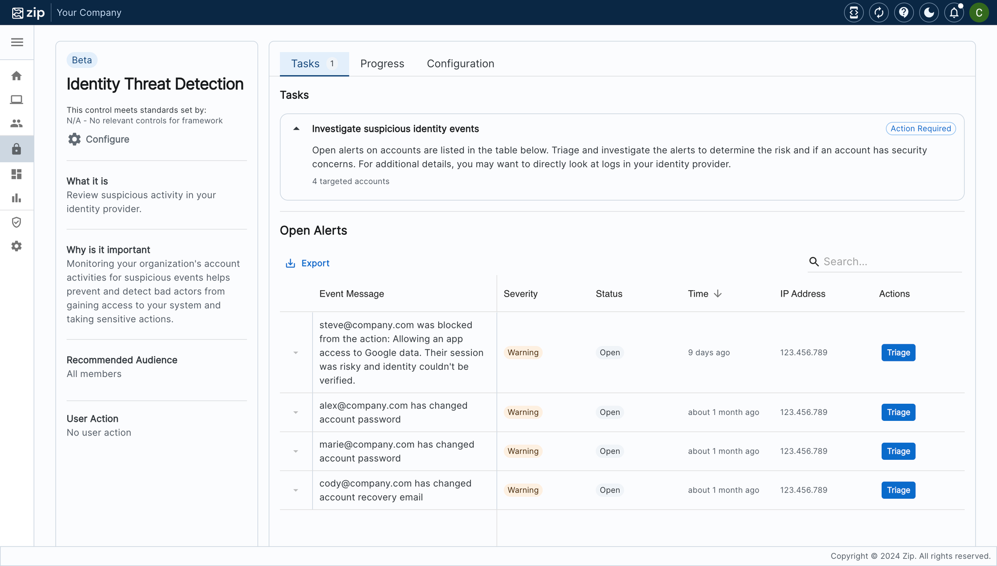 The control Tasks page
