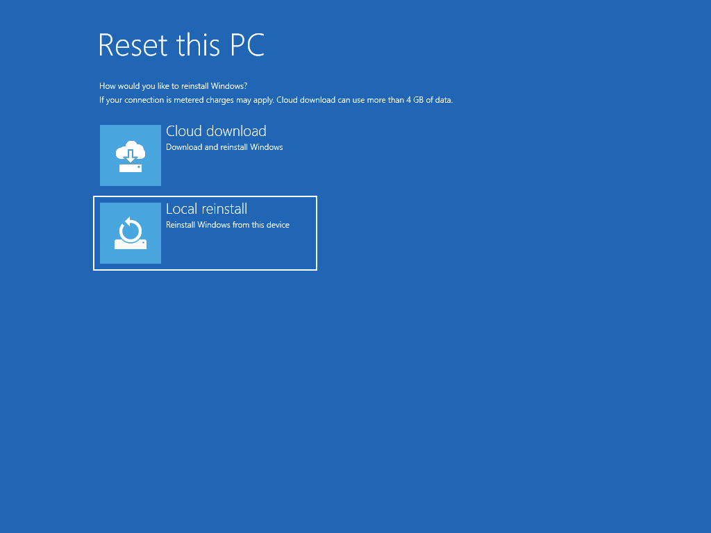 We can reinstall Windows using the existing files on the computer. If this method fails, then downloading a fresh set of files from the cloud may be necessary.